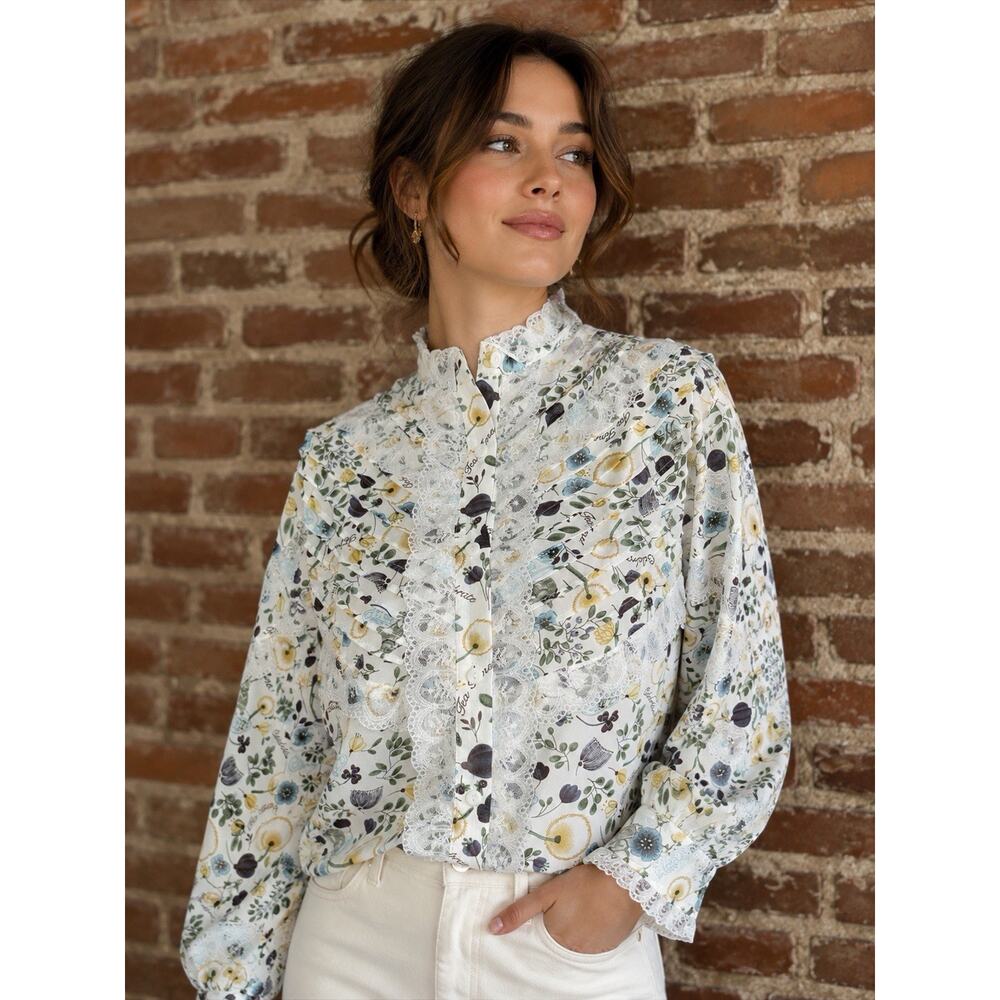 Anthropology POL Tunic Floral Lace High Neck Pleated Tea Time Sz S Prairie EUC